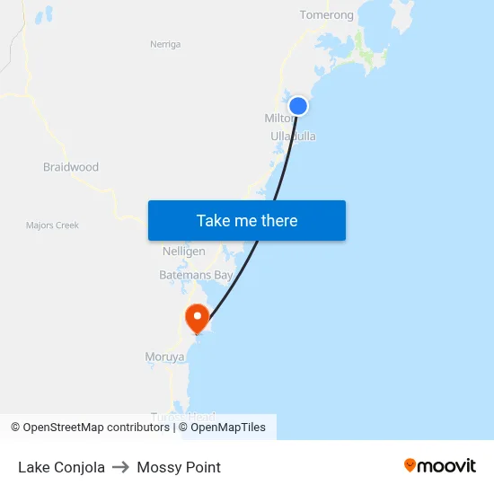 Lake Conjola to Mossy Point map