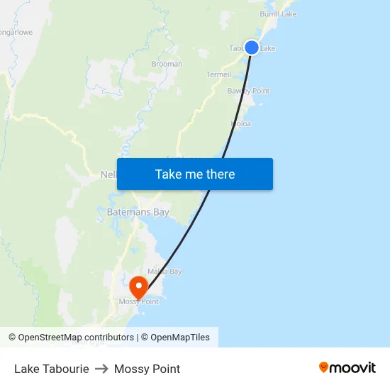Lake Tabourie to Mossy Point map