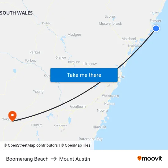 Boomerang Beach to Mount Austin map