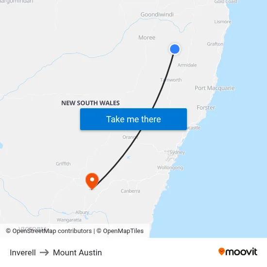 Inverell to Mount Austin map