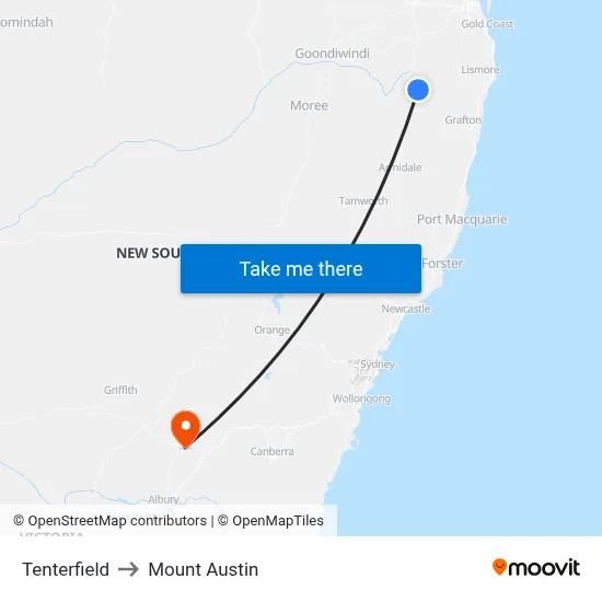 Tenterfield to Mount Austin map