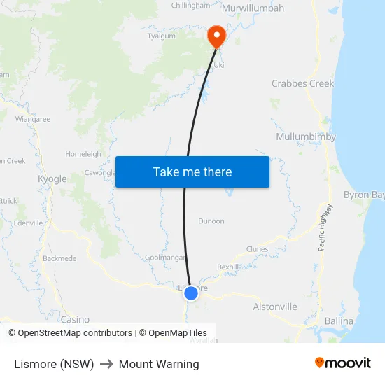 Lismore (NSW) to Mount Warning map