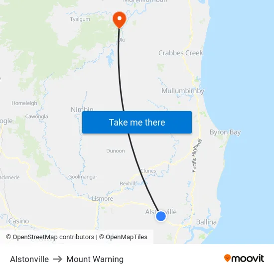 Alstonville to Mount Warning map