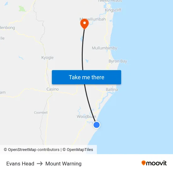 Evans Head to Mount Warning map