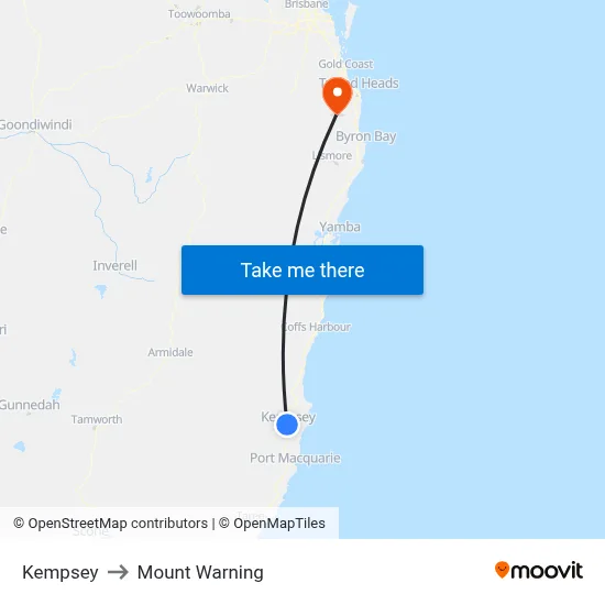 Kempsey to Mount Warning map