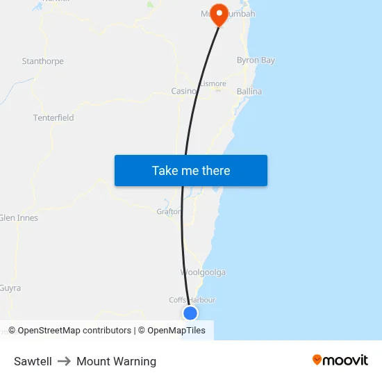 Sawtell to Mount Warning map