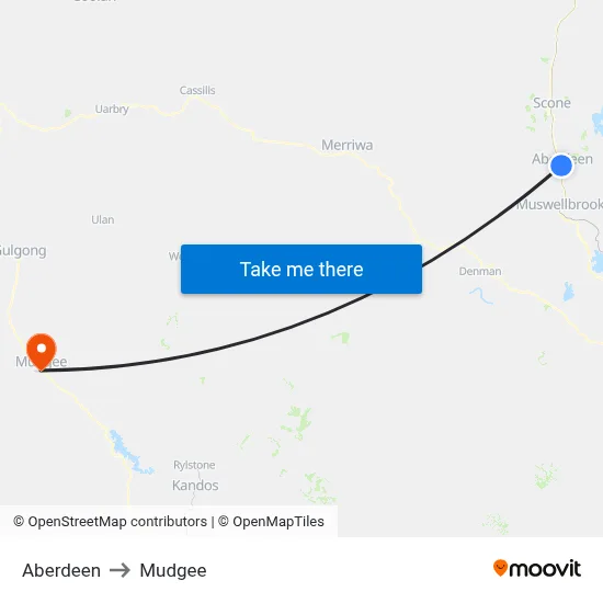 Aberdeen to Mudgee map