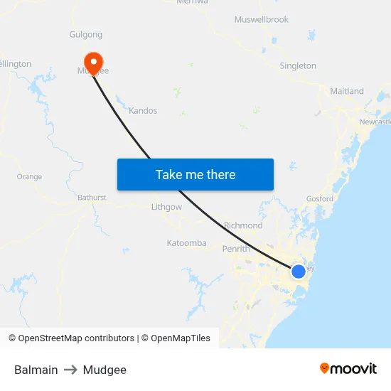 Balmain to Mudgee map