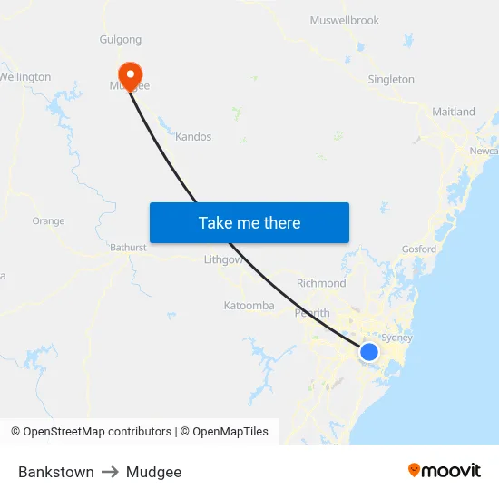 Bankstown to Mudgee map