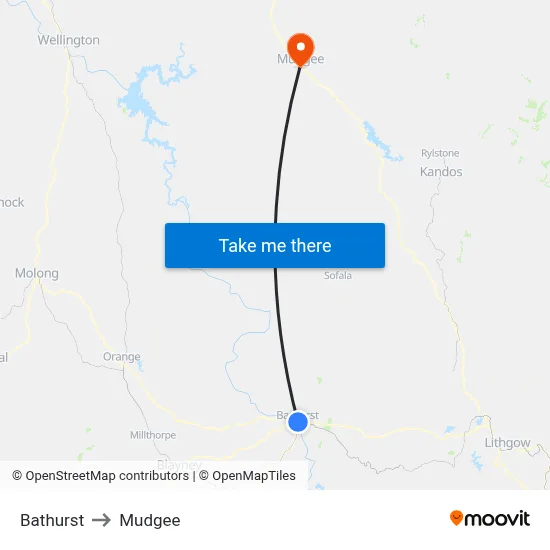 Bathurst to Mudgee map