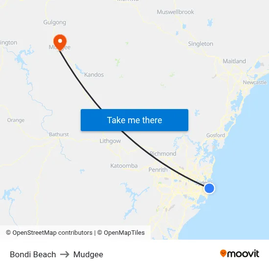 Bondi Beach to Mudgee map