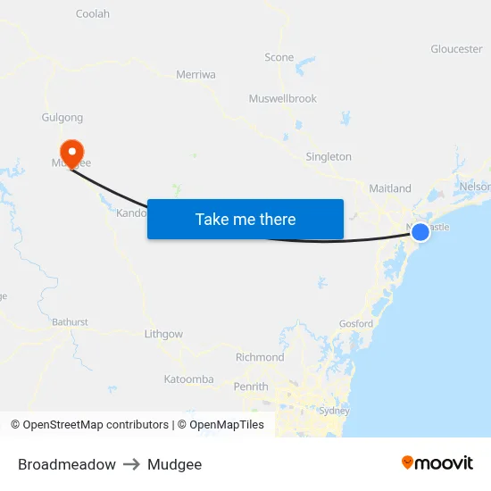 Broadmeadow to Mudgee map
