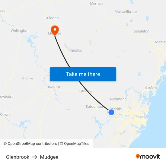Glenbrook to Mudgee map