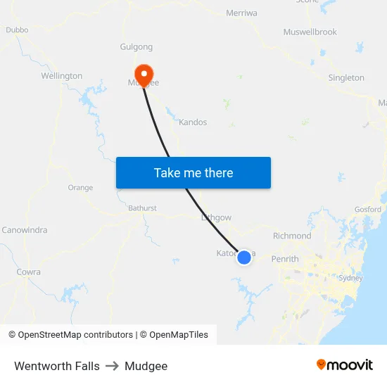 Wentworth Falls to Mudgee map