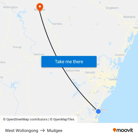 West Wollongong to Mudgee map