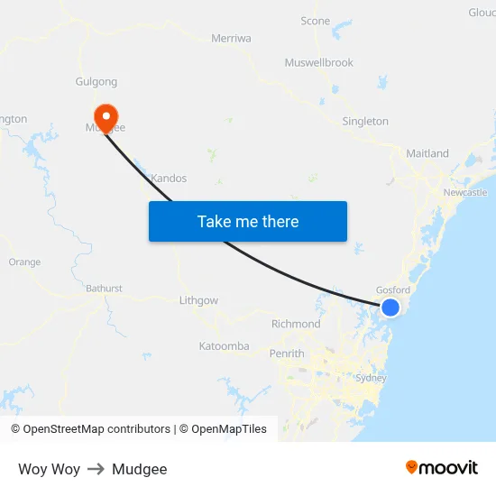 Woy Woy to Mudgee map