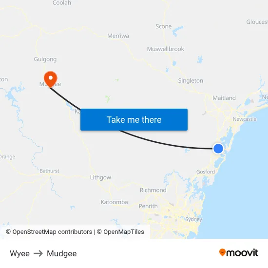 Wyee to Mudgee map