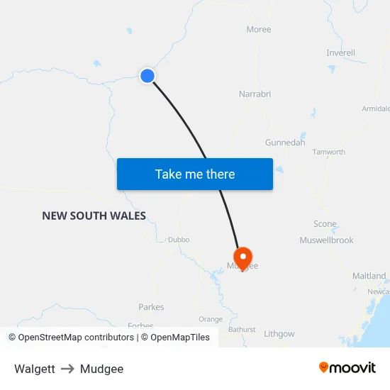 Walgett to Mudgee map