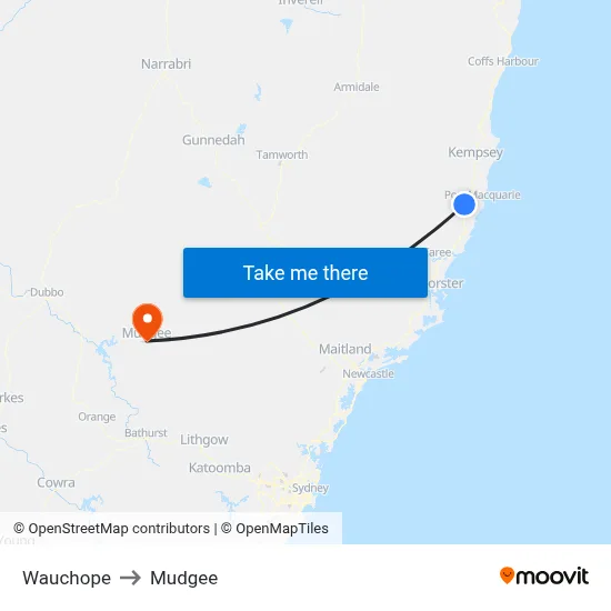 Wauchope to Mudgee map
