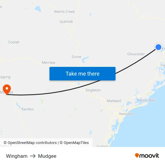 Wingham to Mudgee map