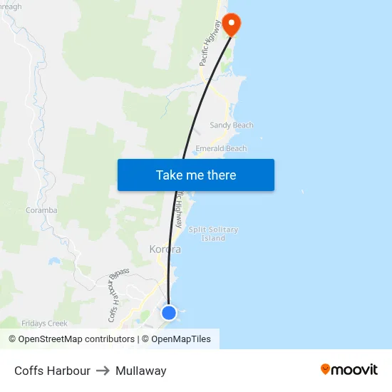 Coffs Harbour to Mullaway map