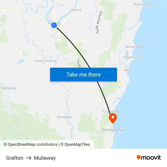 Grafton to Mullaway map