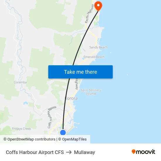 Coffs Harbour Airport CFS to Mullaway map