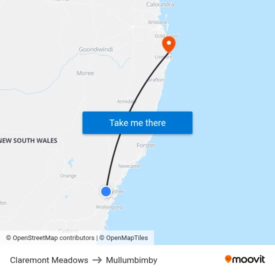 Claremont Meadows to Mullumbimby map
