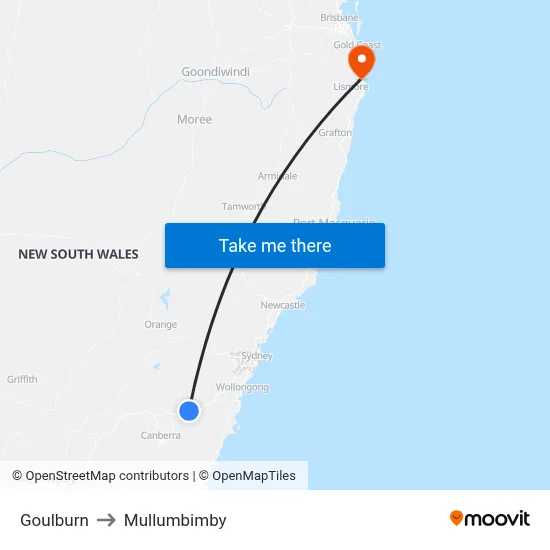 Goulburn to Mullumbimby map