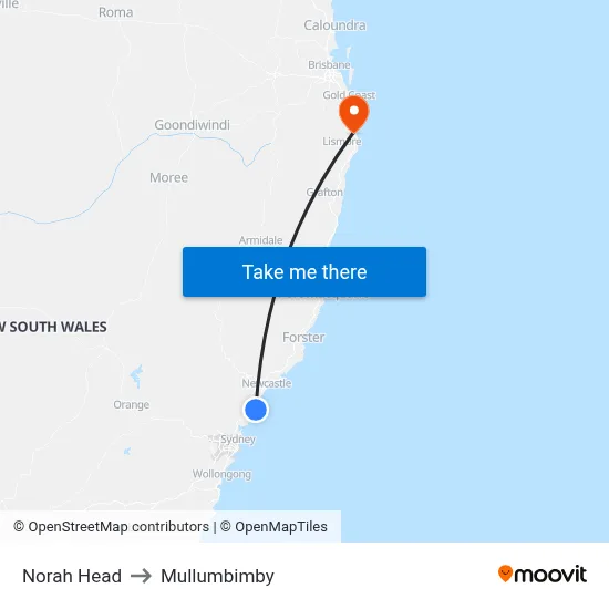Norah Head to Mullumbimby map