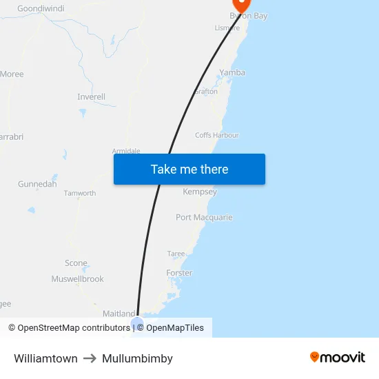 Williamtown to Mullumbimby map