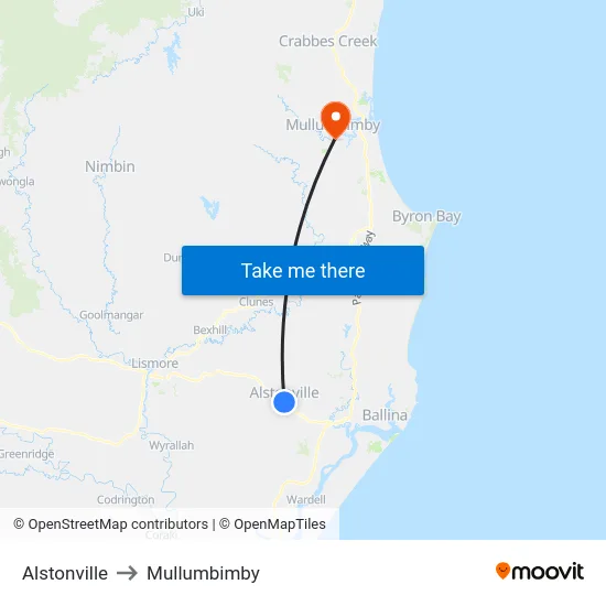 Alstonville to Mullumbimby map