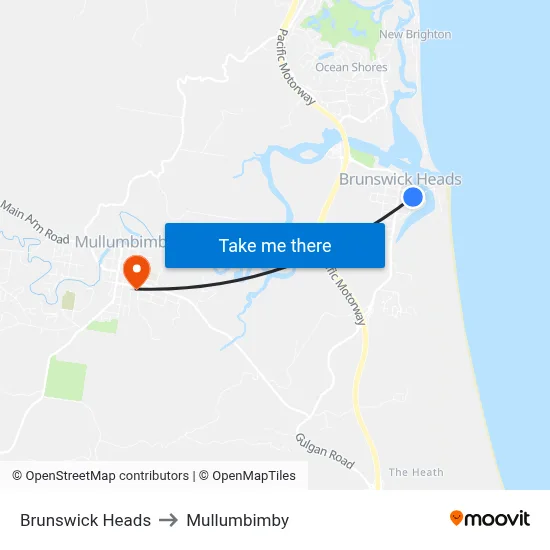 Brunswick Heads to Mullumbimby map