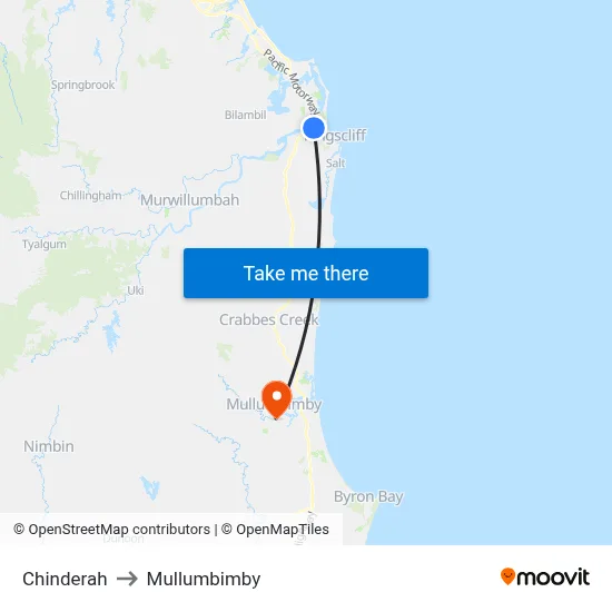 Chinderah to Mullumbimby map