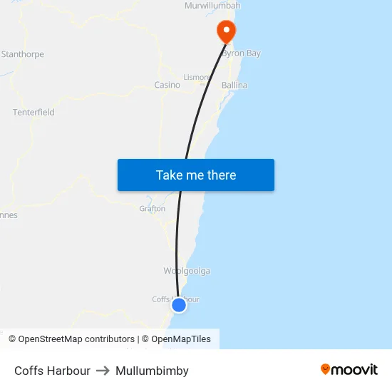 Coffs Harbour to Mullumbimby map