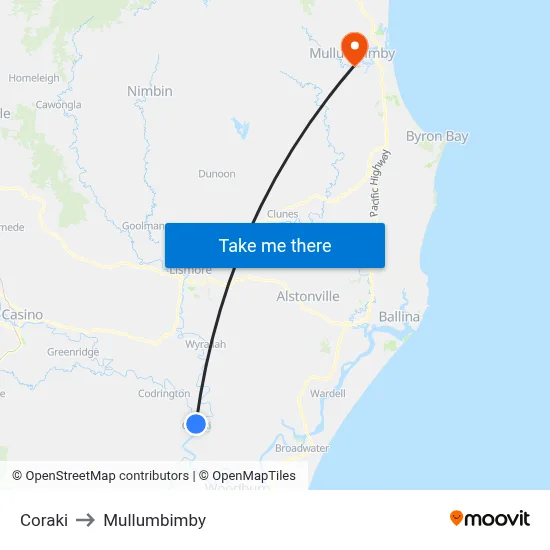 Coraki to Mullumbimby map