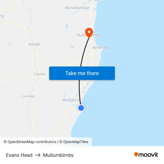 Evans Head to Mullumbimby map