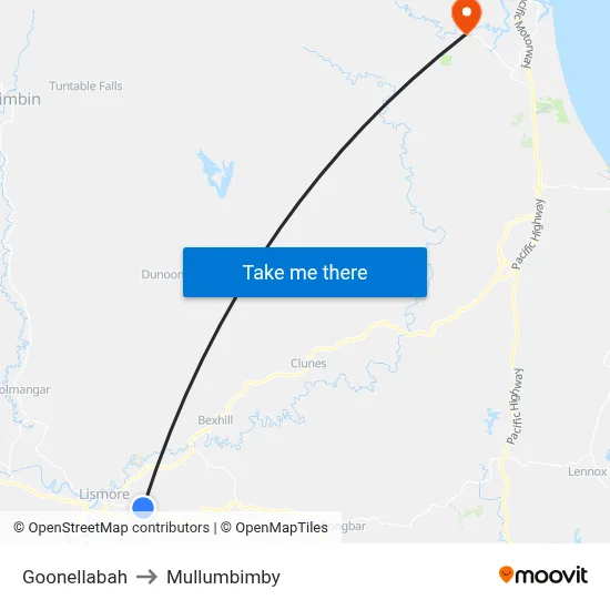 Goonellabah to Mullumbimby map