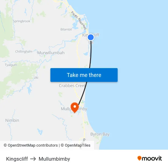 Kingscliff to Mullumbimby map