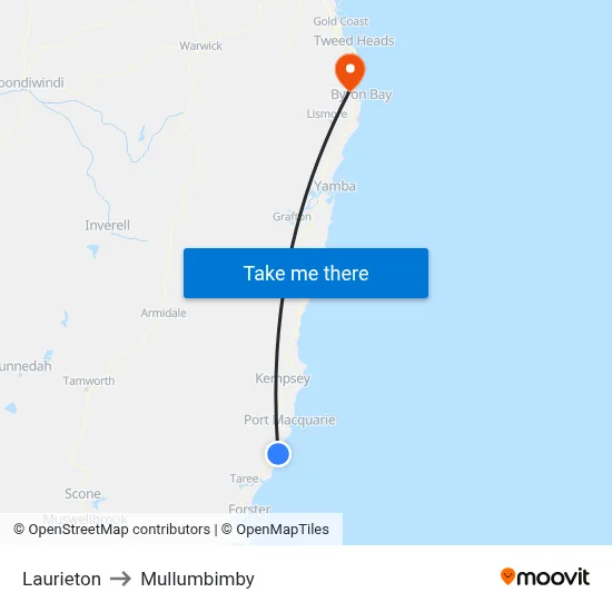 Laurieton to Mullumbimby map