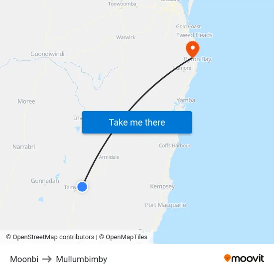 Moonbi to Mullumbimby map