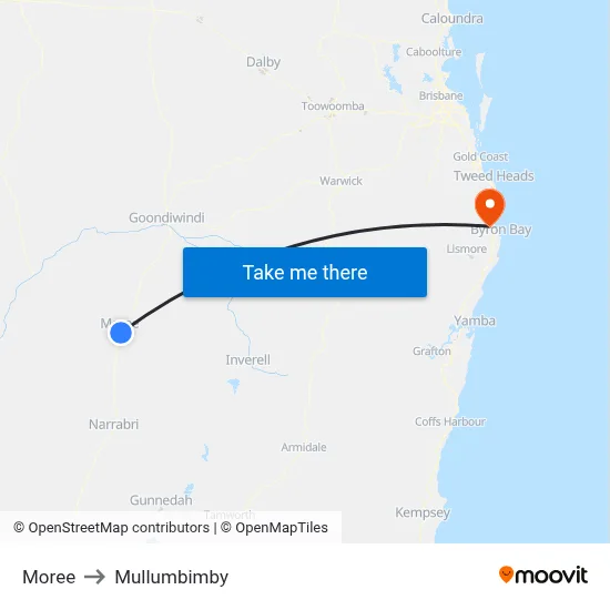 Moree to Mullumbimby map