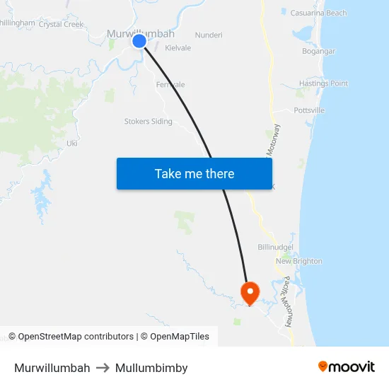 Murwillumbah to Mullumbimby map