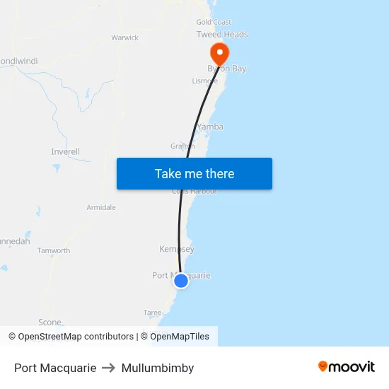 Port Macquarie to Mullumbimby map