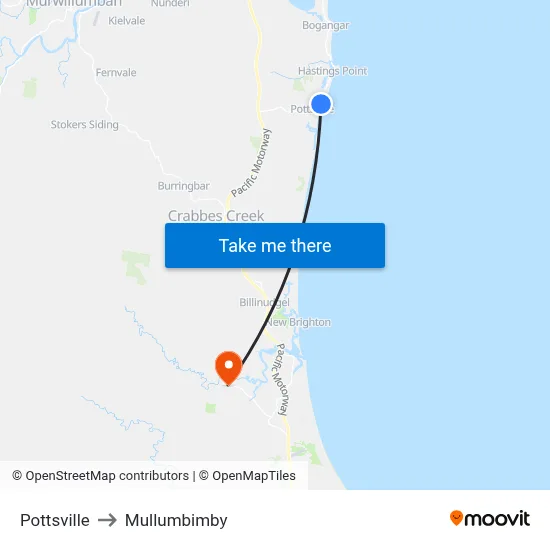 Pottsville to Mullumbimby map