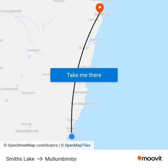 Smiths Lake to Mullumbimby map
