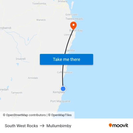 South West Rocks to Mullumbimby map
