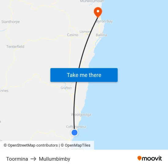 Toormina to Mullumbimby map