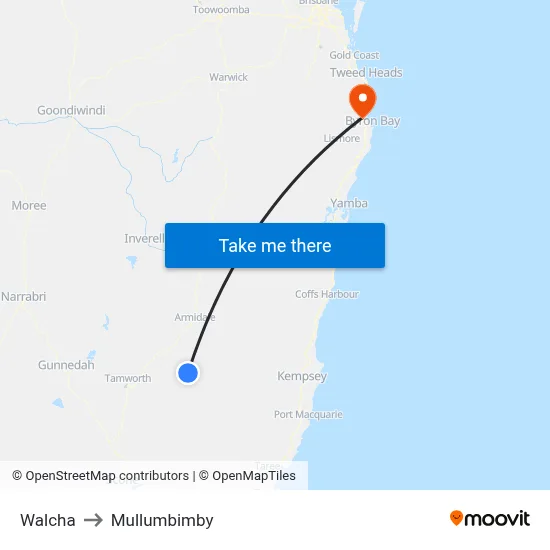 Walcha to Mullumbimby map