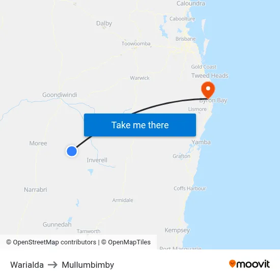 Warialda to Mullumbimby map